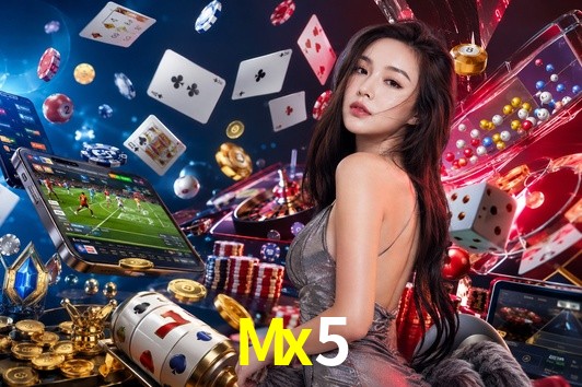 Una escena digital vívida inspirada en casino con Mx5 mostrado prominentemente, luces brillantes, fichas, cartas y acentos dorados.